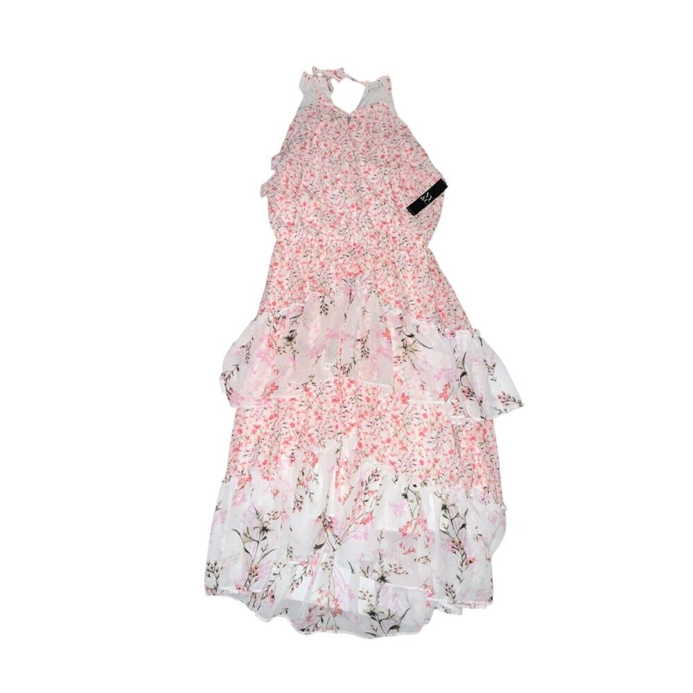 New York & Company Tiered Dress Women's Size M Pink Floral Ruffle Tie Neck